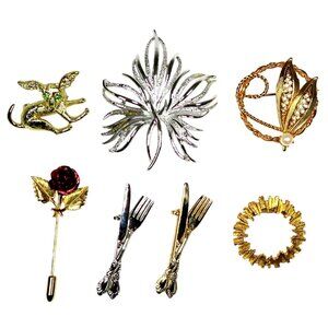 Lot of 7 Vintage Figural Brooches & Statement Pins, Chihuahua & Leaf Design